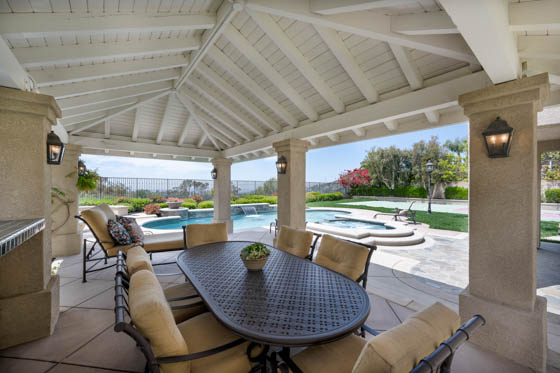 Backyard facing house with blue sky, palm trees, paved pathways, and potted plants native to Southern California